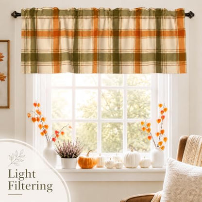 Fall Plaid Window Valance Curtains 54x18 Inch - Orange Green Checkered Farmhouse Style