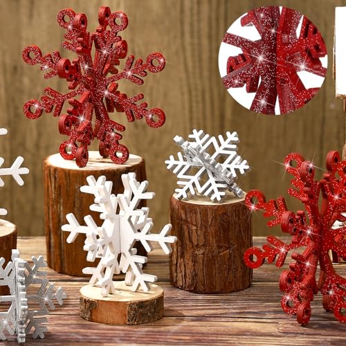 Yousoontic 12-Piece 3D Wooden Snowflake Decor Set - Red & White Table Centerpieces
