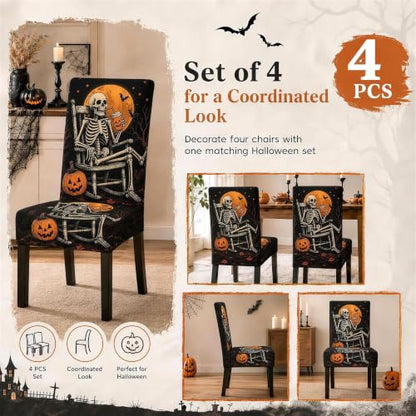 Set of 4 Halloween Skeleton Chair Covers - Stretch Milk Silk Fabric, Fall Decor