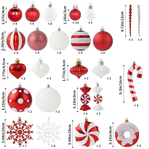 Red & White Christmas Ornaments Set - Candy Cane & Donut Theme, 105 Pcs