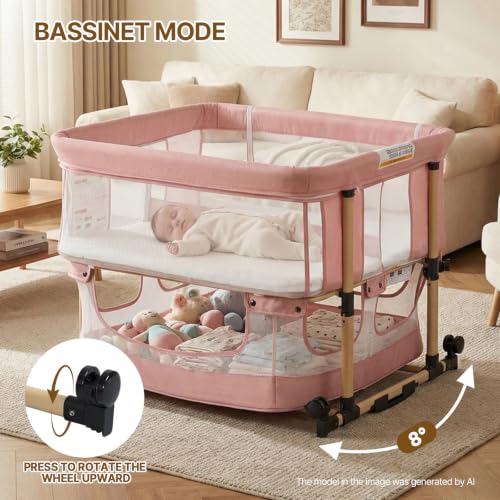 Pink Twin Bassinet for 2 Babies - Portable Rocking Bedside Crib for Twins