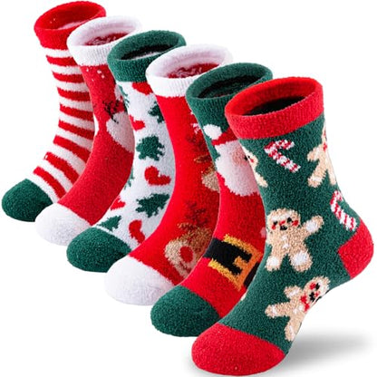 Girls Kids Fuzzy Socks with Grips Toddler Slipper Socks 6-8 Years - Red