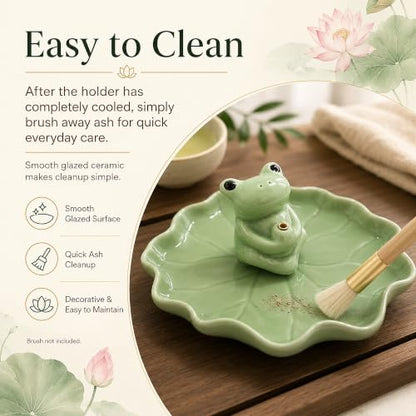 Ceramic Frog and Lotus Incense Holder for Sticks, Ash Catcher Decor