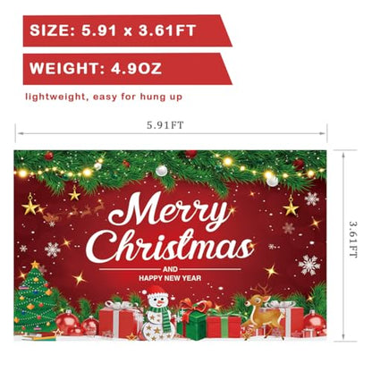 Large Christmas Backdrop Banner for Holiday Party Decoration - Red, Green and White Fabric, 5.91x6.3ft