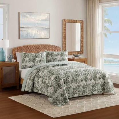 Reversible Queen Quilt Set with Shams - Costa Blanca Green, 100% Cotton Percale