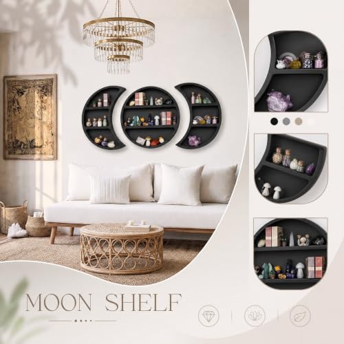 Moon Shelf Set Black Pine Crescent Wall Shelves for Crystals & Decor