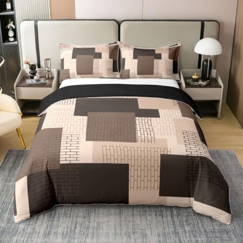 Feelyou Modern Brown Khaki Geometric Cotton Duvet Cover Set Full Size - No Comforter