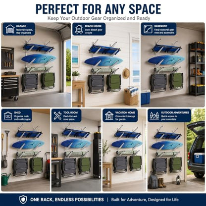 4-Tier Wall Mount Camping Chair & Surfboard Storage Rack for Garage