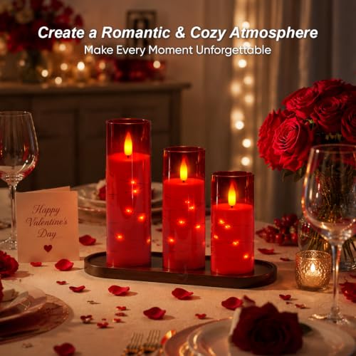 3pcs Red Flameless Battery-Operated Pillar Candles with Remote Timer