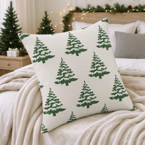 Christmas Green Tree Pillow Covers 18x18 Set of 2 - Winter Holiday Decor