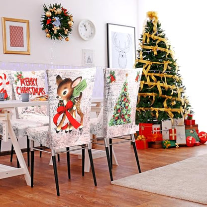Wood Merry Christmas Chair Covers Set of 6 - Holiday Santa Snowman Elk