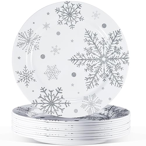 11 Inch Silver White Snowflake Christmas Plates Set of 10 - Winter Party Dinnerware
