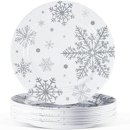 11 Inch Silver White Snowflake Christmas Plates Set of 10 - Winter Party Dinnerware