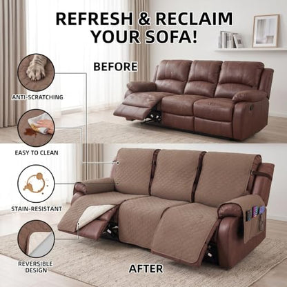 Brown Waterproof 3-Seater Recliner Couch Cover, Reversible Sofa Protector with Pockets