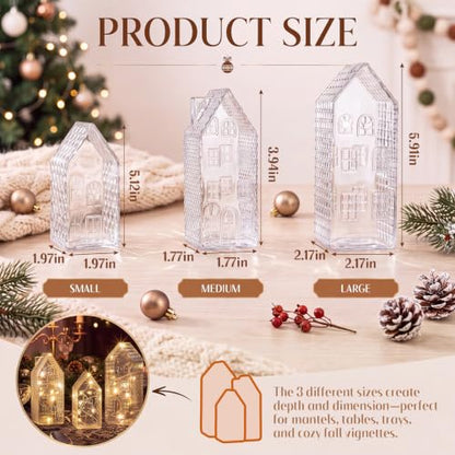 Christmas Glass Village Decoration Set with LED Lights - 3 Pieces