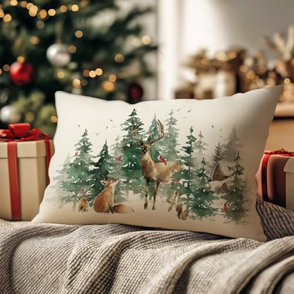 Fahrendom Christmas Woodland Animals Lumbar Pillow Cover - Snow Animals 20x12