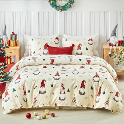 Lekesky Christmas Gnome Duvet Cover Set Queen Size 3-Piece - Red Hatted Gnome Design