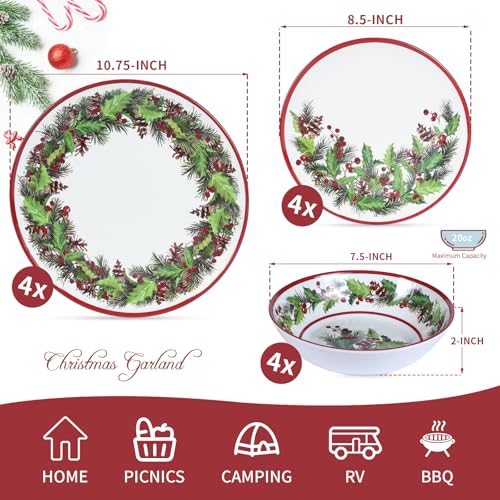 12Pcs Christmas Melamine Dinnerware Set for 4 - Green & Red Garland Style
