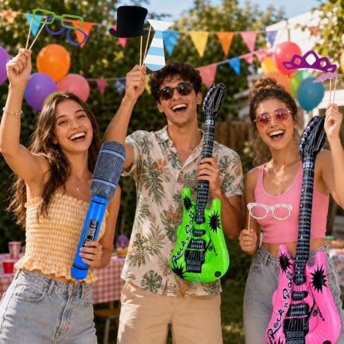 66PCS Photo Booth Props Set with Signs and Inflatable Musical Instruments for Parties