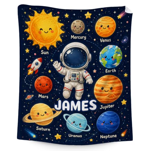Custom Boys Planet Blanket - White Personalized Flannel Throw for Kids & Teens