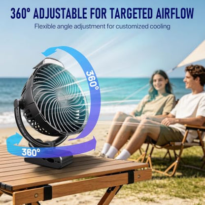 Rechargeable Clip-On Fan with LED Light - 8-Inch, 9 Speeds, 30H Run, Black