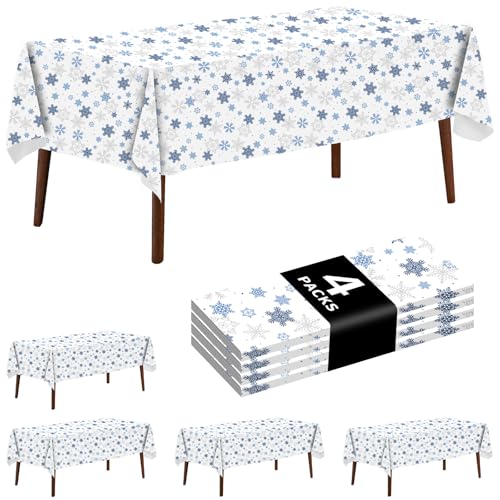 Disposable Snowflake Plastic Tablecloth 54x108 Inches - Blue Holiday Party Cover - 4 Pack