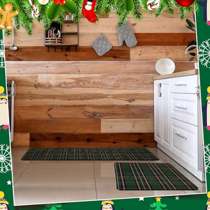 Green Tartan Christmas Kitchen Mat Set - Holiday Door and Floor Rugs