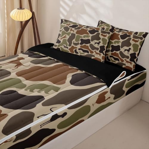 Kids Deer Bear Zipper Bedding Set - Twin Camo Brown, 4-Piece