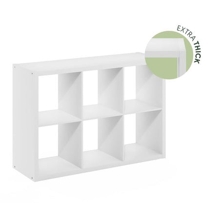Furinno Cubicle Book Shelf, 6-Cube Bookshelf, Extra Thick Frame Horizontally & Vertically Reversible Bookcase with Open Back, 14.6" x 44" x 30", for Living Room, Bedroom, Home Office, White