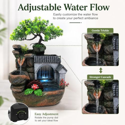 Indoor Tabletop Water Fountain with LED Lights - 11.8 Inch Relaxing Desk Decor
