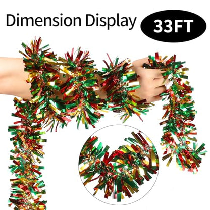 33FT Christmas Tinsel Garland - Red, Green & Gold for Tree Decor