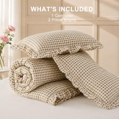 Queen Ruffle Gingham Comforter Set Tan Plaid Farmhouse Bedding Variation of THIS listing