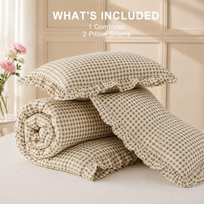 Queen Ruffle Gingham Comforter Set Tan Plaid Farmhouse Bedding Variation of THIS listing