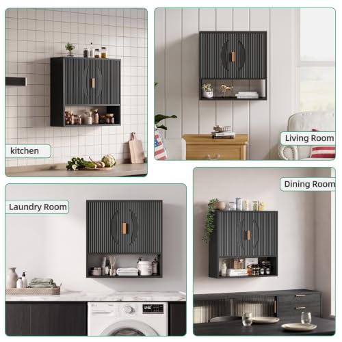 Kalrin Wall Bathroom Cabinet with Adjustable Baskets & Hooks - Black