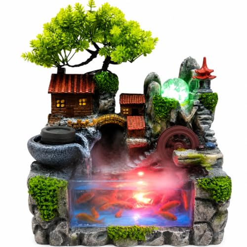 Indoor Tabletop Fountain with LED Lights, Mist, and Rockery Decor