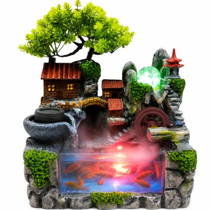 Indoor Tabletop Fountain with LED Lights, Mist, and Rockery Decor