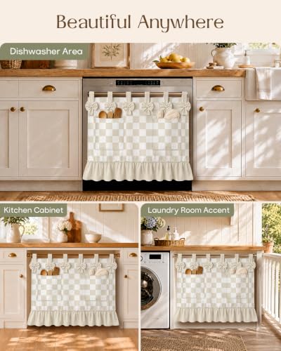 Oven Curtain with Pockets Beige Gingham Kitchen Decor - MuseHaus Variation