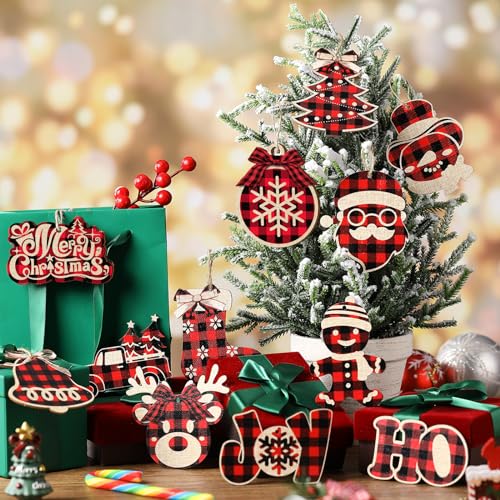 Christmas Buffalo Plaid Ornaments Set - Rustic Wooden Holiday Decor, Black Red Variation