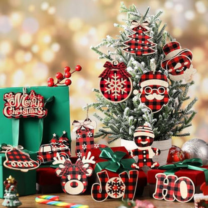 Christmas Buffalo Plaid Ornaments Set - Rustic Wooden Holiday Decor, Black Red Variation