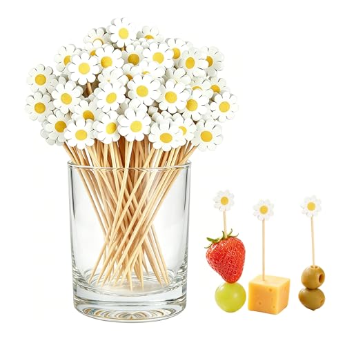 Daisy Cocktail Picks 100 Pack - 4.7 Inch Bamboo Appetizer Skewers for Party