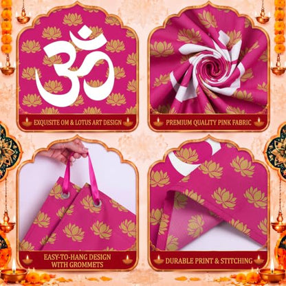 Eaasty 7x5 ft Indian Pooja Lotus Backdrop Decor Om Symbol Tapestry - Pink & Gold