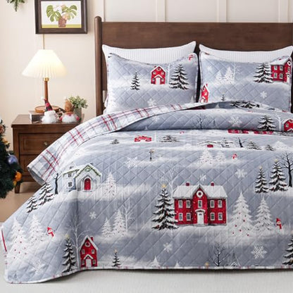 AtawLege 3-Piece Christmas Quilts King Size Grey Tree Bedding Set