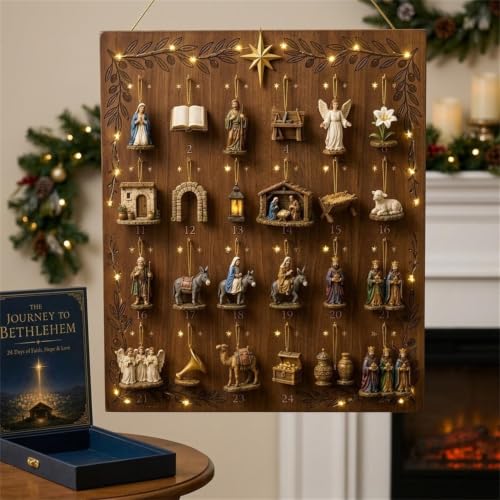 Nativity Christmas Advent Calendar Book-Style Pull-Out Drawer Set with 24 Mini Nativity Figurines - Holiday Tabletop Decor & Gift - Variation A