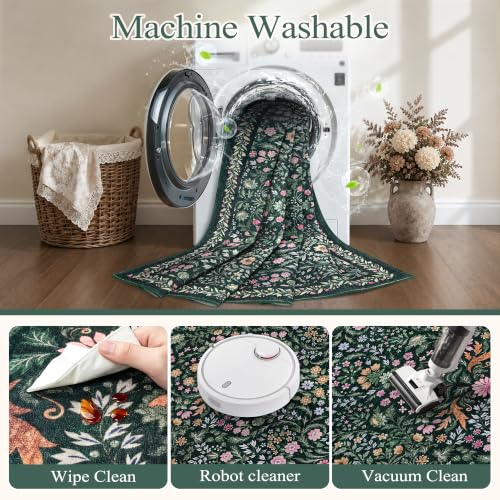 Dark Green 8x10 Boho Floral Washable Rug - Farmhouse & Vintage Style