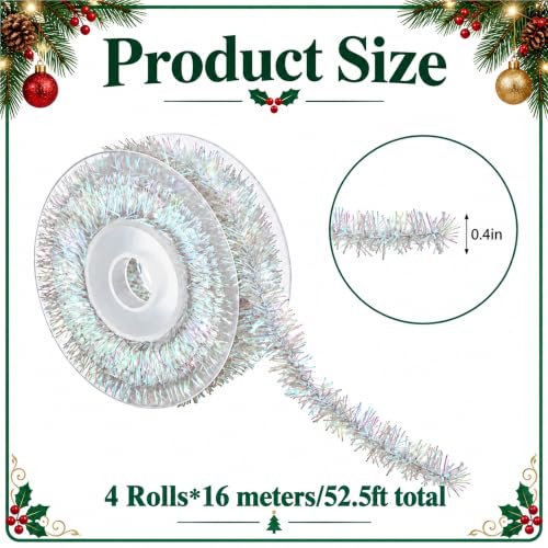 53Ft Iridescent Christmas Tinsel Ribbon Set - Metallic Wire Garland, 4 Pcs