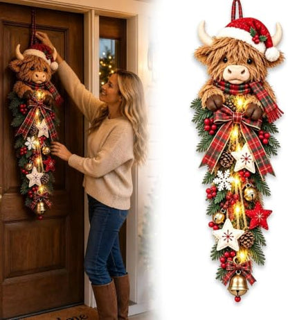 Lighted Highland Cow Christmas Door Swag - Farmhouse Holiday Decor - Orange