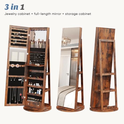 OLIXIS 360° Swivel Jewelry Cabinet with Light & Lockable Full Length Mirror - Brown