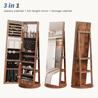 OLIXIS 360° Swivel Jewelry Cabinet with Light & Lockable Full Length Mirror - Brown