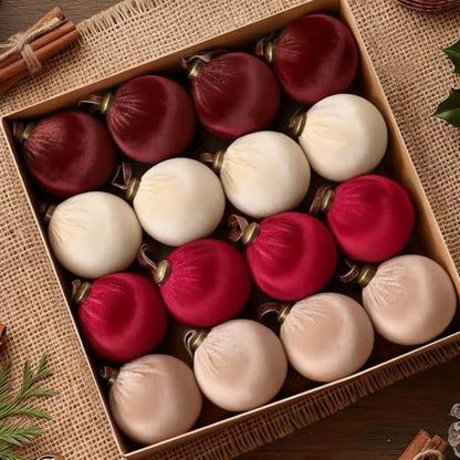 Velvet Christmas Tree Ornaments Set - Large Red, Brown & Beige Holiday Decorations, 16 pcs