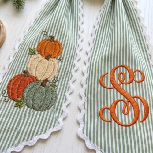 Personalized Fall Wreath Sash with Monogram, Pumpkin & Sage Stripe - Pumpkin Fall